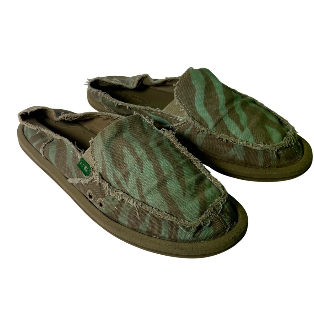Sanuk‎ Sidewalk Surfers Womens 8 Tiger Stripe Camo Green Brown Slip On Loafers